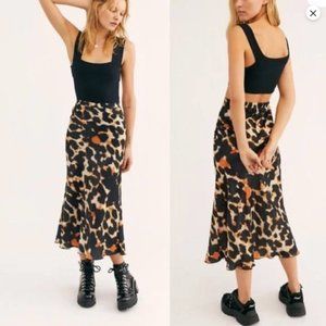 Free People Leopard Print Kendall Satin Midi Skirt